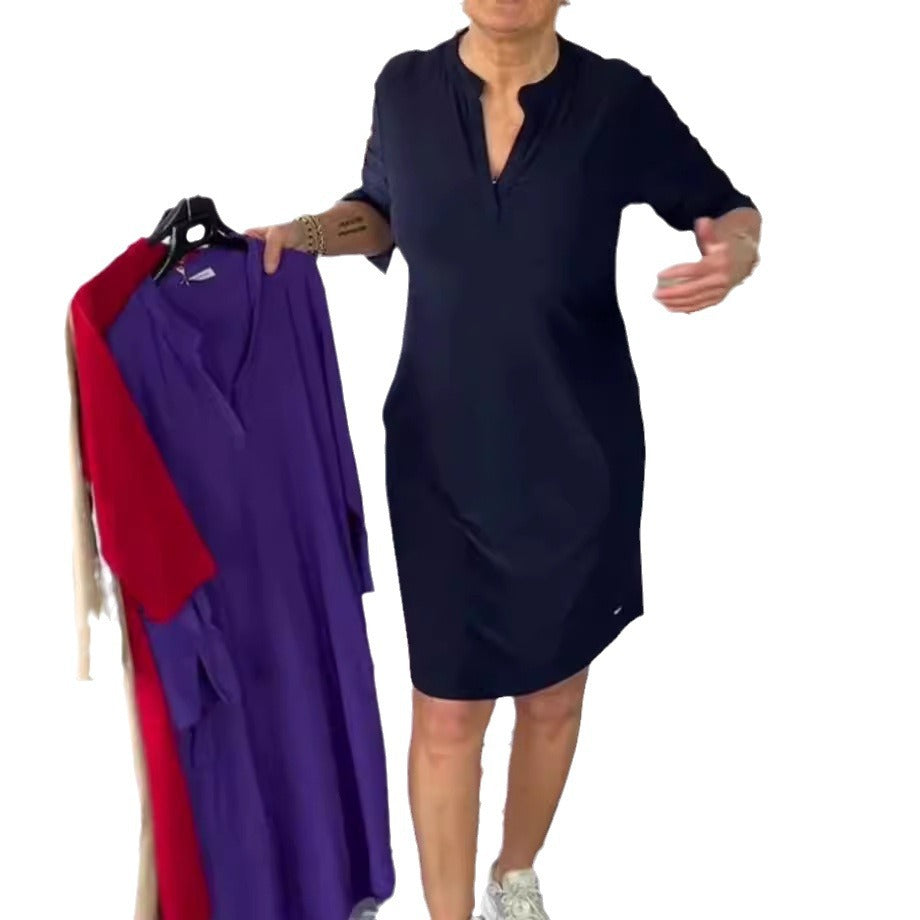 Women's knee-length casual jersey dress with stand-up collar and V-neck StylebySassy