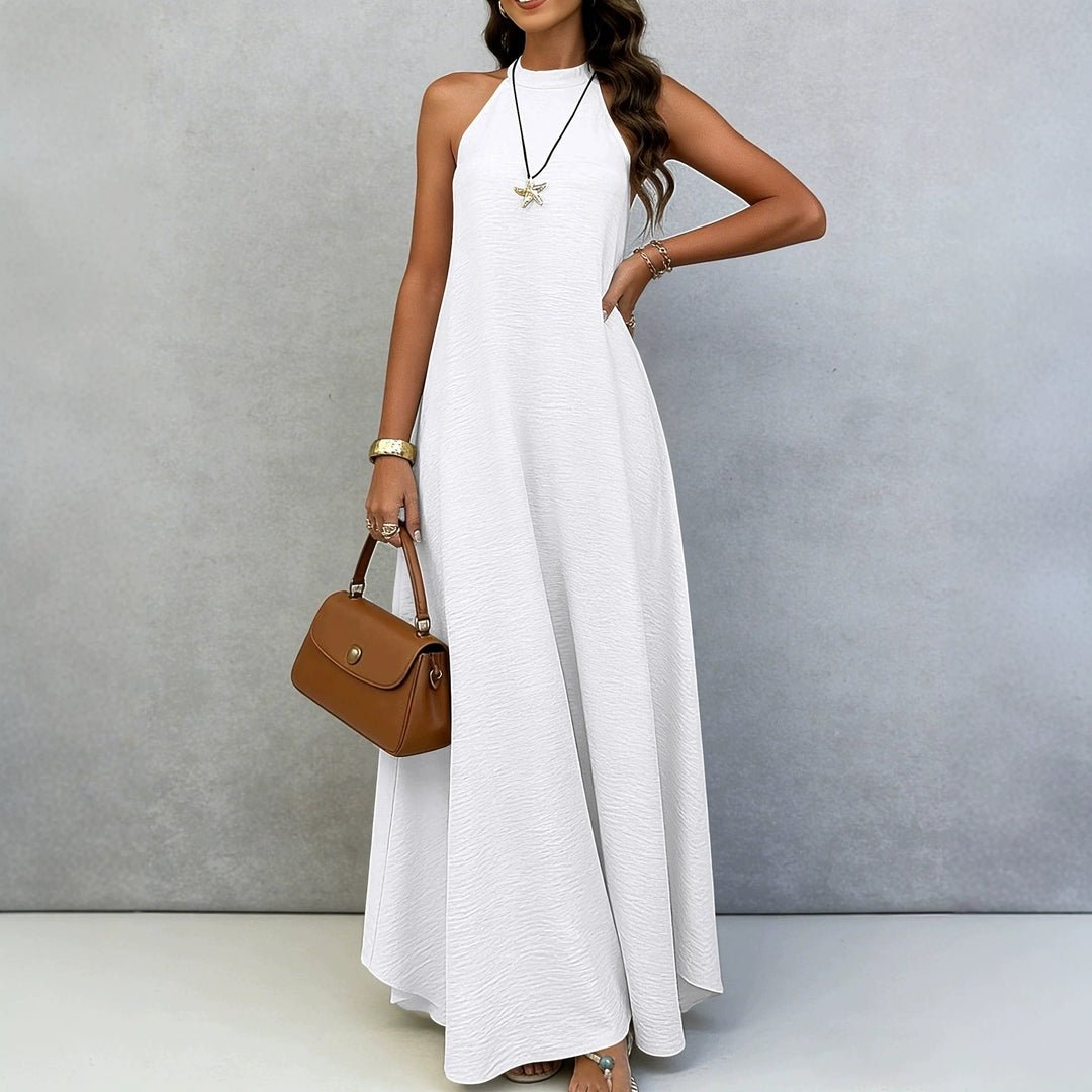 Women’s sleeveless maxi dress with high standing collar, flowing A-line and crepe texture StylebySassy