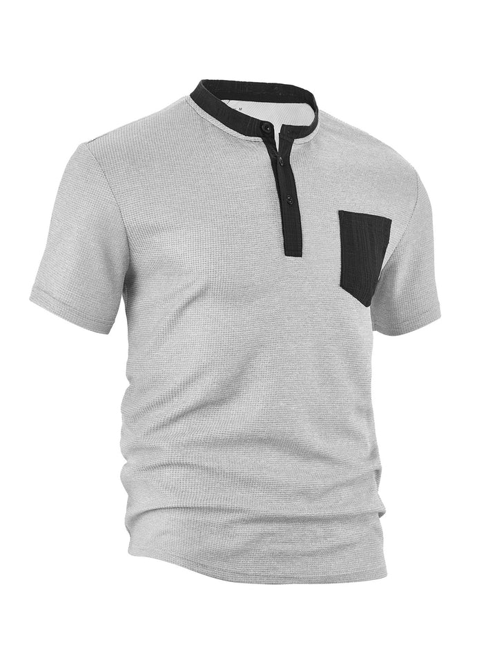 Men's breathable waffle henley shirt with stand-up collar, short button placket, and patch chest pocket StylebySassy