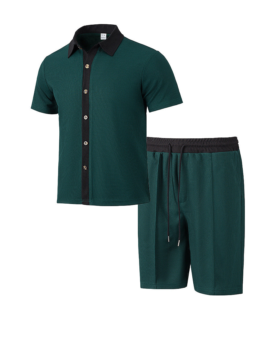 Men's modern leisure set made of fine textured jersey with shirt collar button placket and drawstring shorts StylebySassy