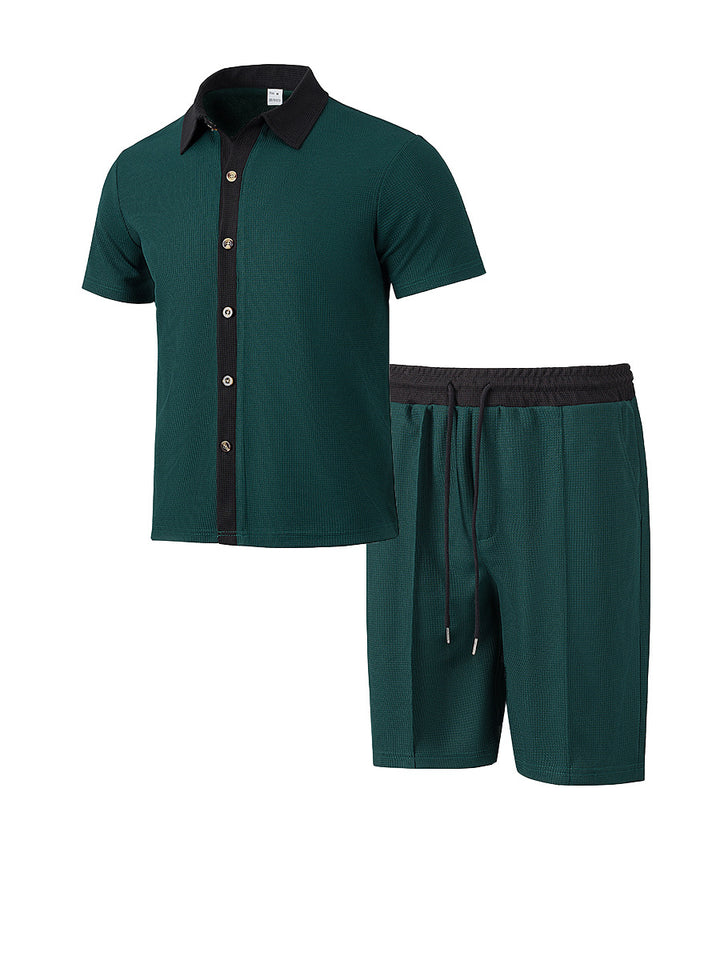 Men's modern leisure set made of fine textured jersey with shirt collar button placket and drawstring shorts StylebySassy