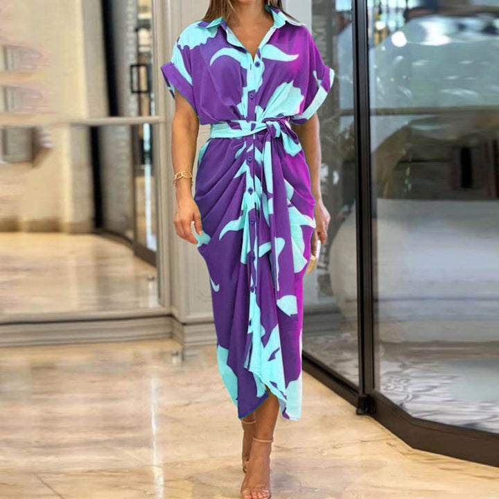 Women’s draped shirt midi dress with waist tie belt, side draping and button placket StylebySassy