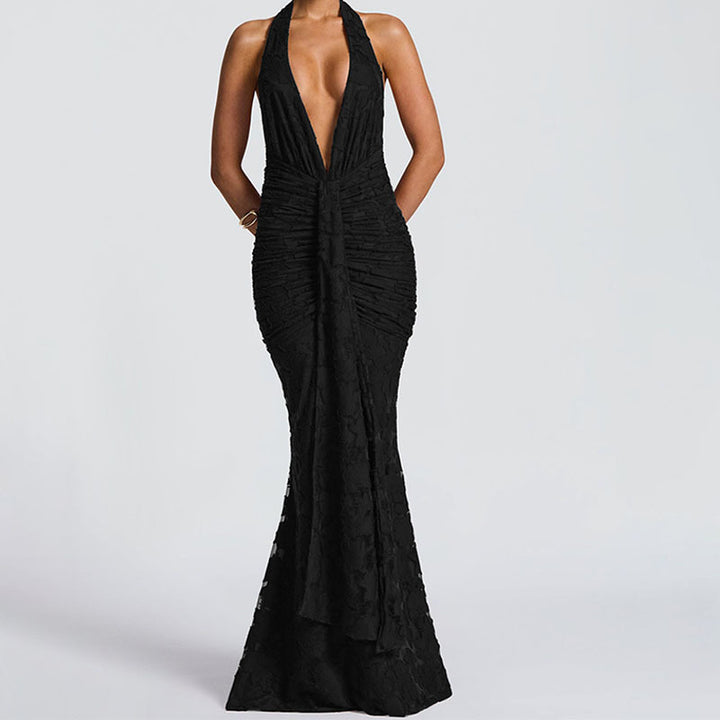 Women Elegant, figure-hugging evening dress with deep V-neck and ruffle details StylebySassy