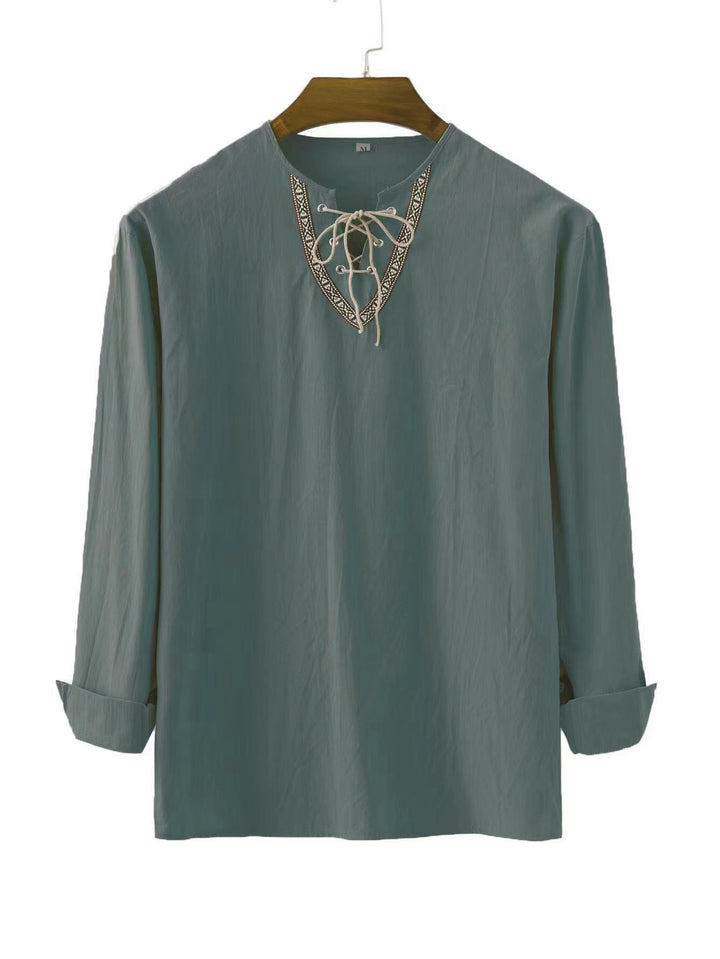 Men's linen tunic shirt with lacing and ethnic border StylebySassy