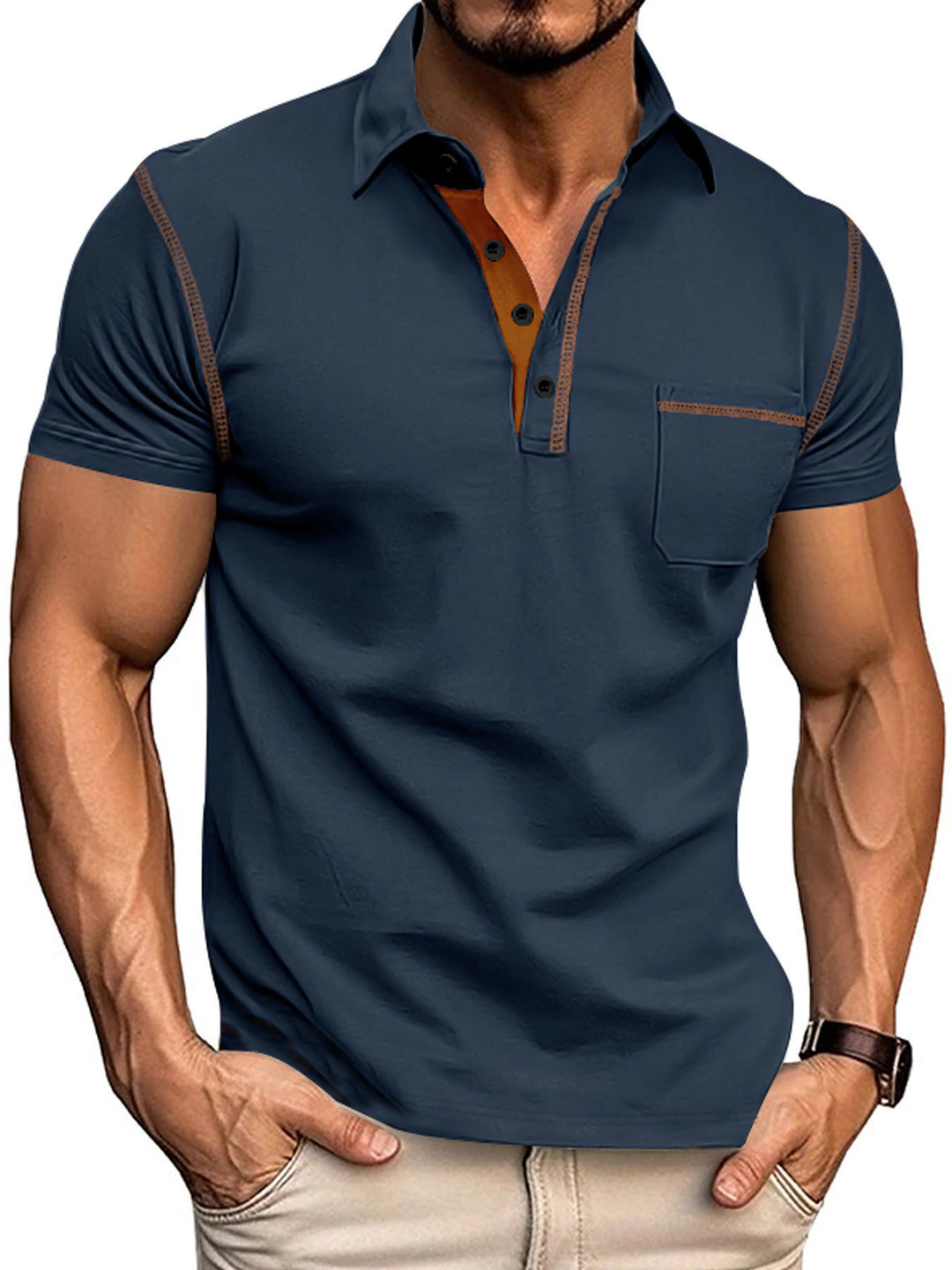 Men's short sleeve polo with chest pocket, contrasting quilted seam and shirt collar StylebySassy