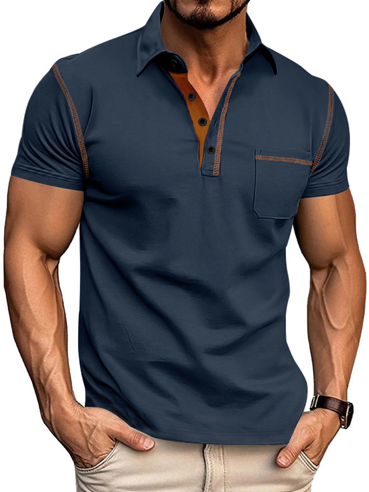 Men's short sleeve polo with chest pocket, contrasting quilted seam and shirt collar StylebySassy