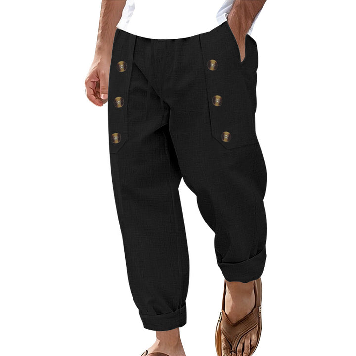 Men's loose linen trousers with decorative button stripes, rolled ankle cuffs, and side pockets StylebySassy