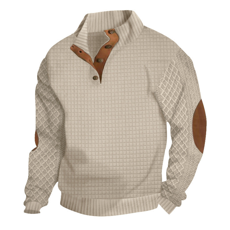 Men's Half-button Stand-up Collar Sweater with Honeycomb Structure and Leather Details StylebySassy