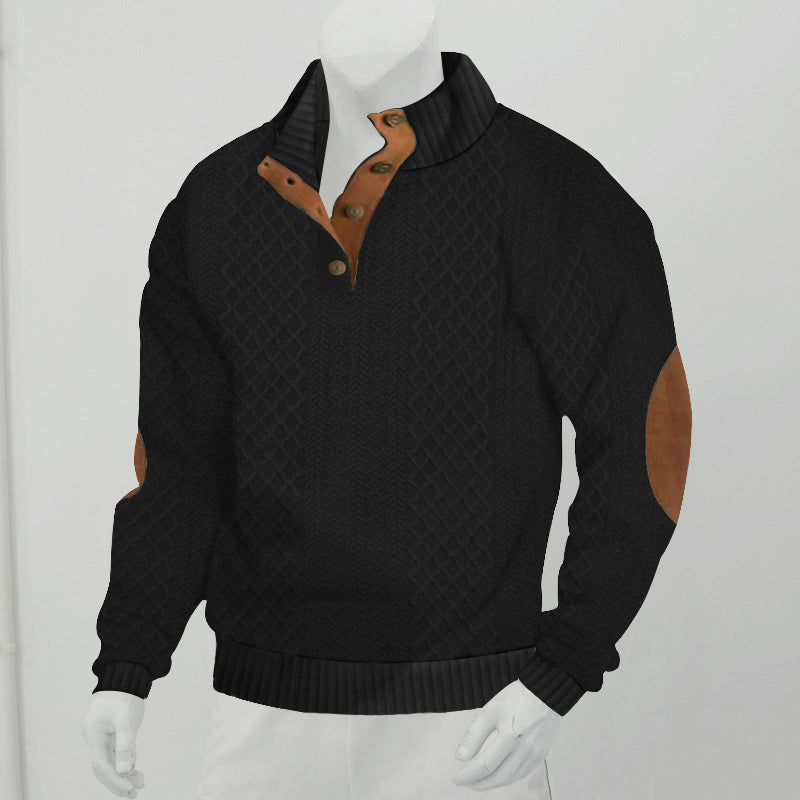Men's cable knit turtleneck with stand-up collar, half button placket, and contrasting leather applications StylebySassy