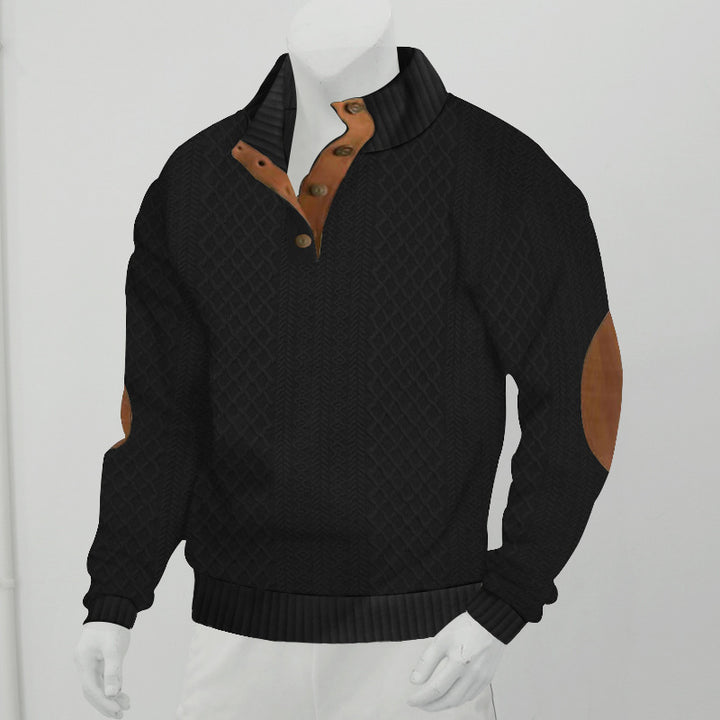 Men's cable knit turtleneck with stand-up collar, half button placket, and contrasting leather applications StylebySassy