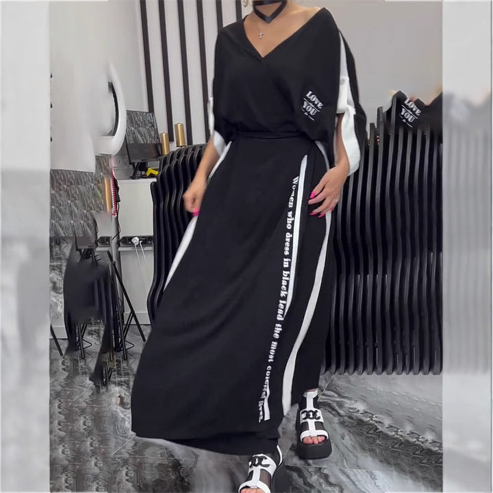 Women's sporty-elegant maxi dress with V-neck, waist belt, contrast side band, and chest pocket StylebySassy