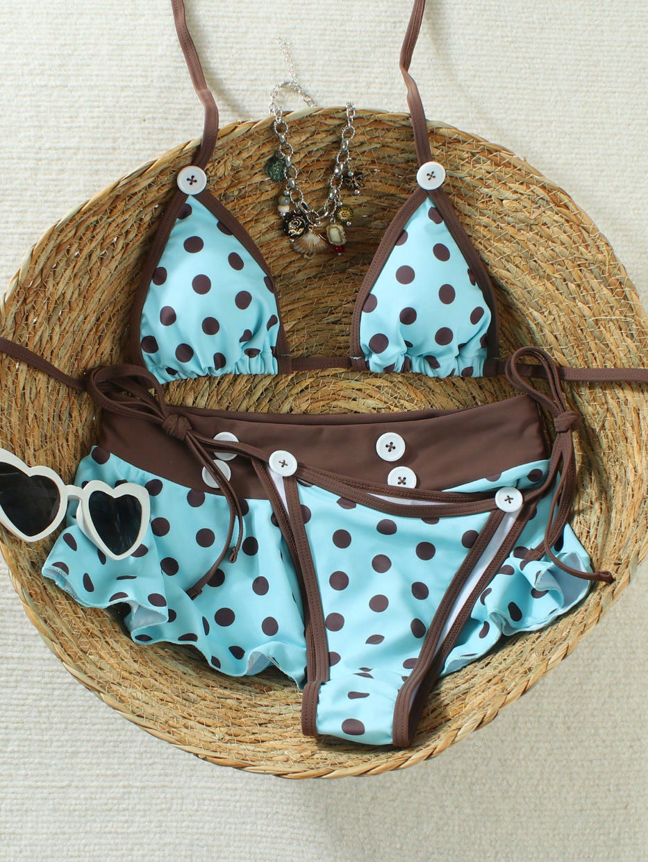 Women Triangle Bikini with Ruffles and Fashionable Polka Dot Design StylebySassy