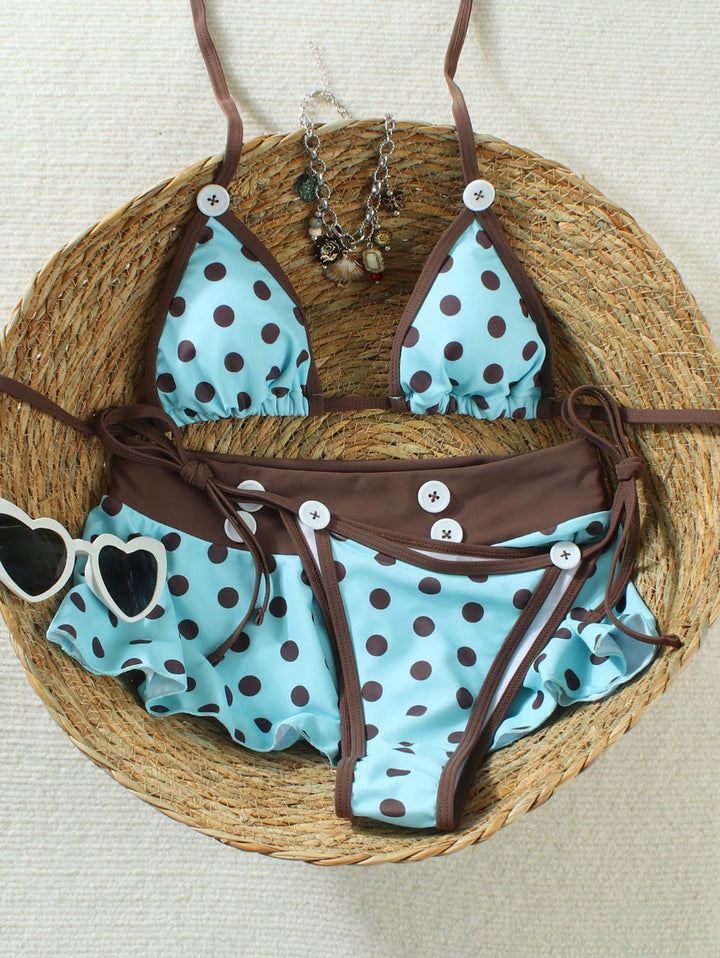 Women Triangle Bikini with Ruffles and Fashionable Polka Dot Design StylebySassy