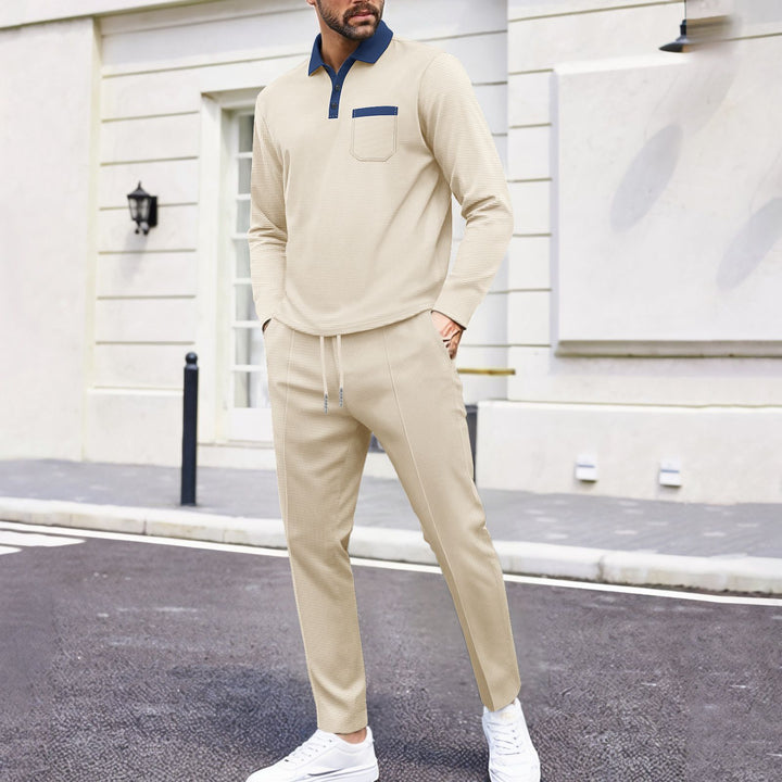Men's travel set made of structured jersey with long sleeve polo shirt, chest pocket, and slim fit drawstring pants StylebySassy