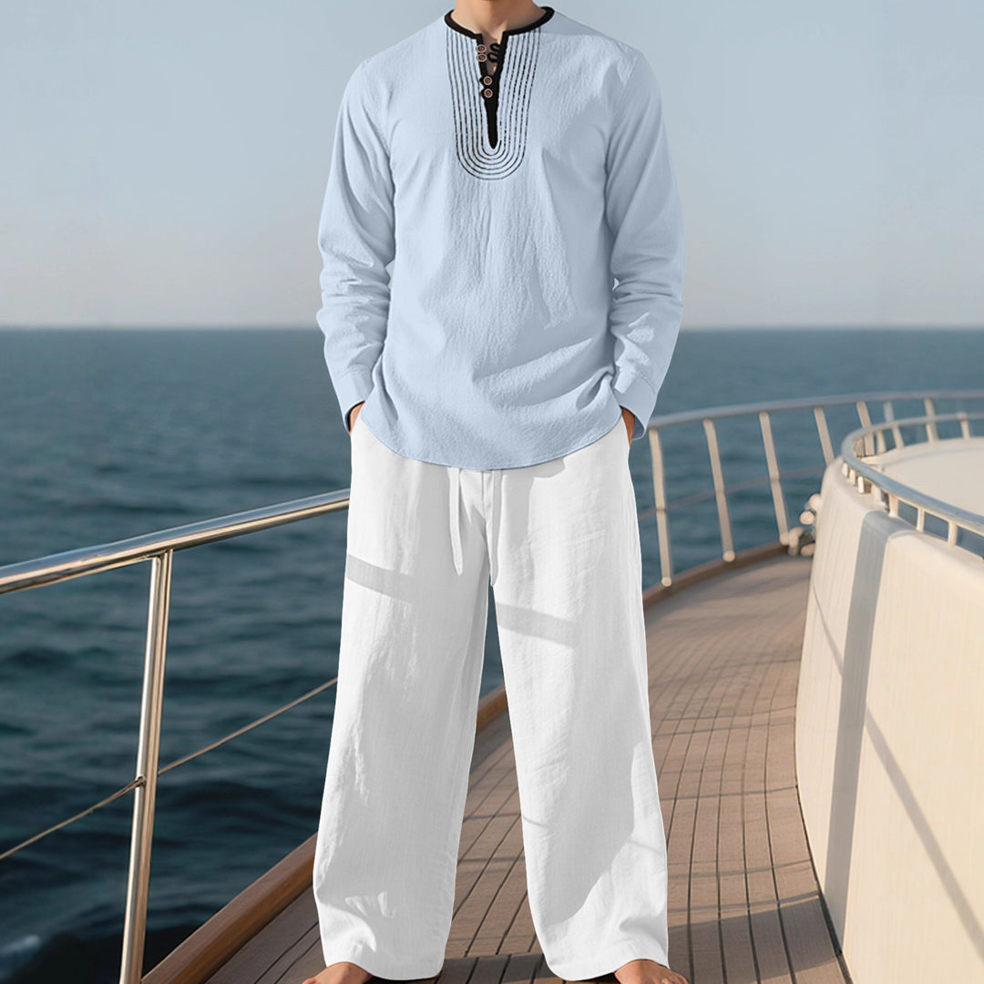 Men's tunic and Palazzo pants set with Henley placket, decorative embroidery and wide cut StylebySassy