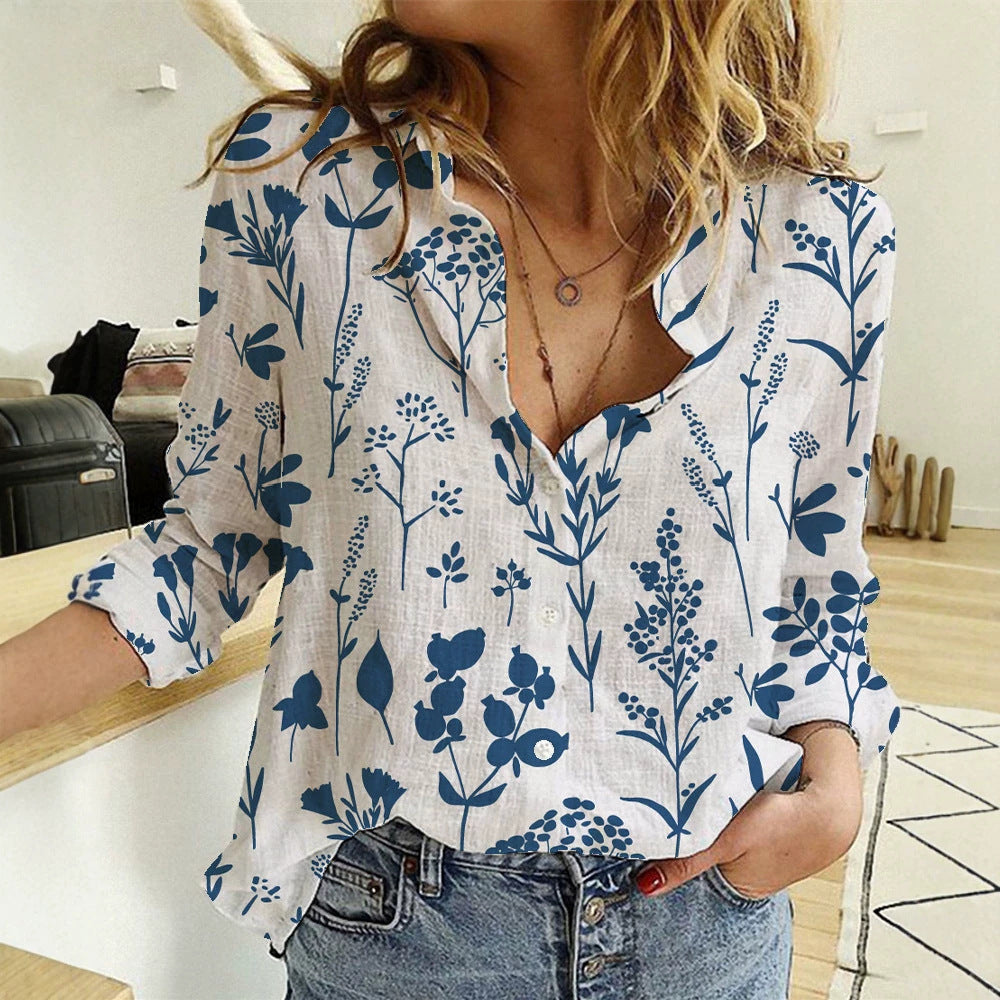 Women's loose linen-look blouse with V-neck botanical allover print and three-quarter sleeves StylebySassy