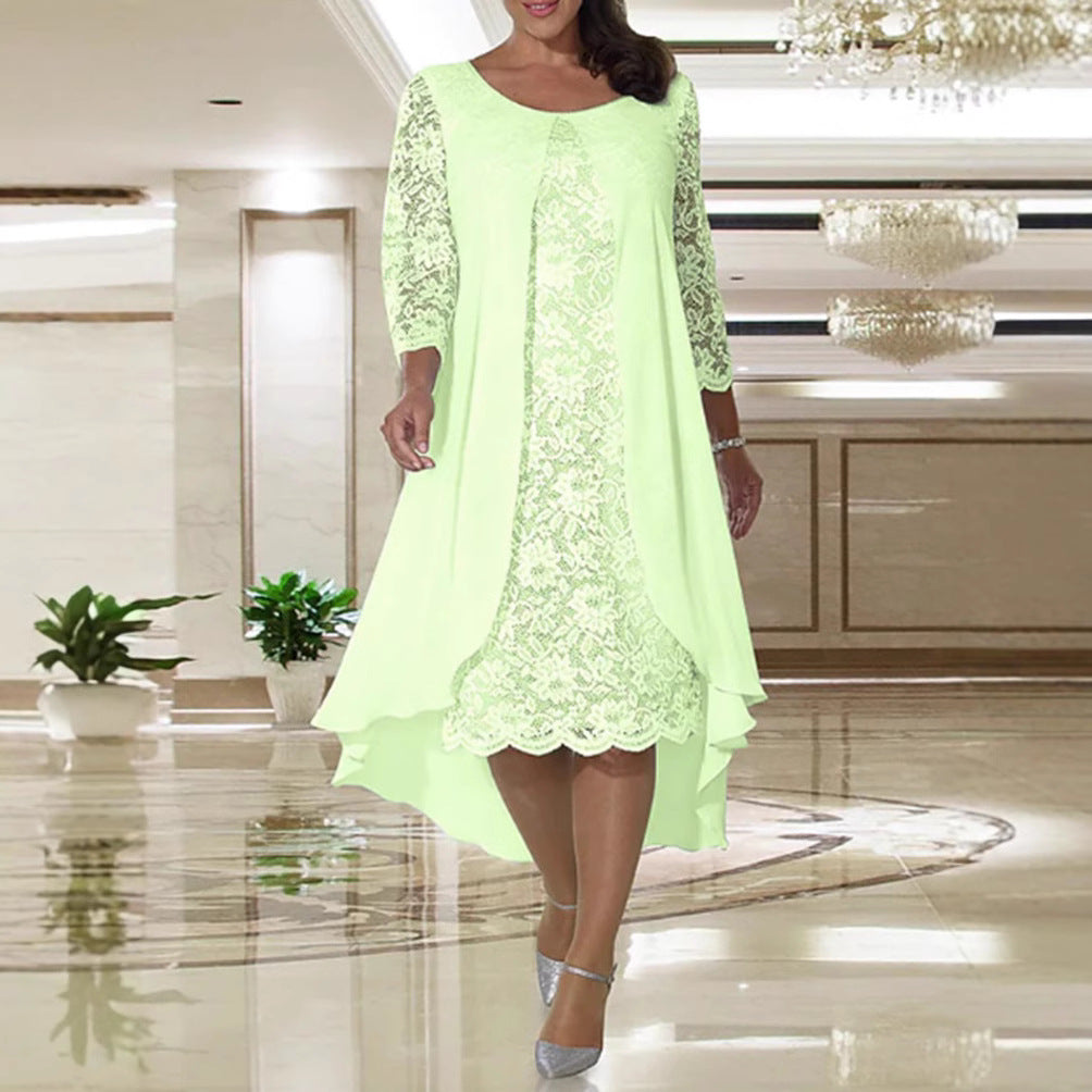Ladies' elegant chiffon lace dress with high-low overlay and three-quarter sleeves StylebySassy