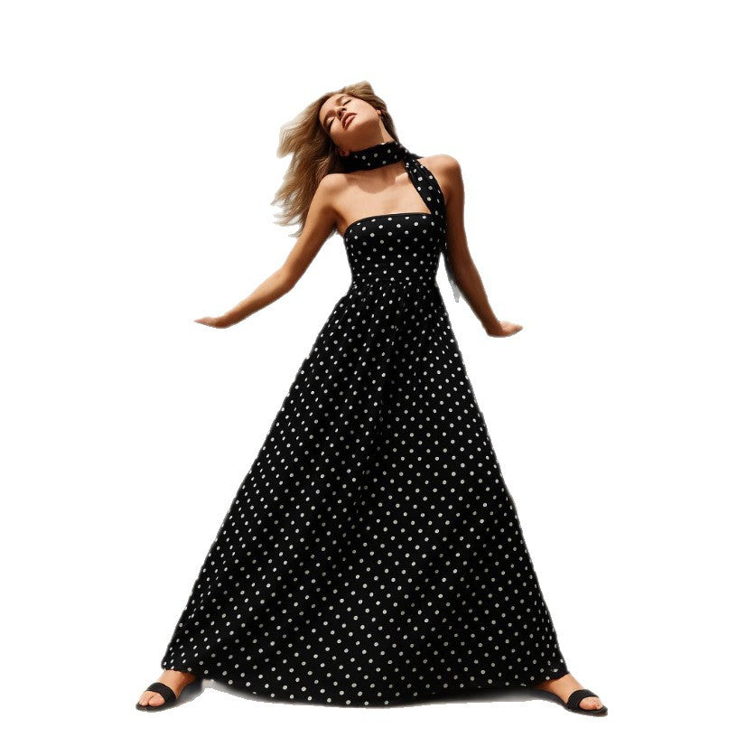 Ladies knee-length bodice dress with polka dot pattern, wide flare skirt, and fixed scarf StylebySassy