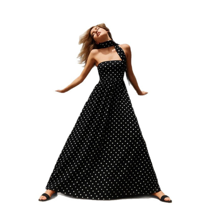 Ladies knee-length bodice dress with polka dot pattern, wide flare skirt, and fixed scarf StylebySassy
