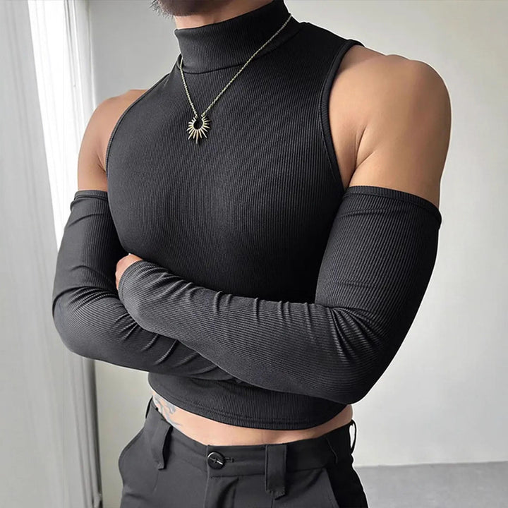 Women's fitted fine knit top with stand-up collar, shoulder cutouts, and long sleeves StylebySassy