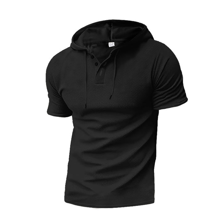 Men's short sleeve hooded polo with three-button placket and fine structured jersey StylebySassy