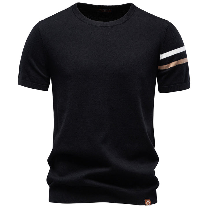 Men's fine cotton knit shirt with round neckline, short sleeves and contrasting sleeve stripes StylebySassy