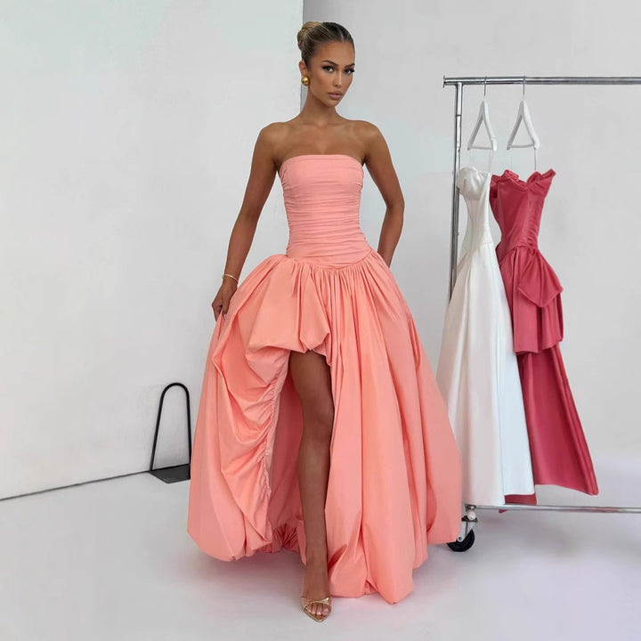 Women's Strapless Ball Gown with High Slit and Flowing Skirt StylebySassy
