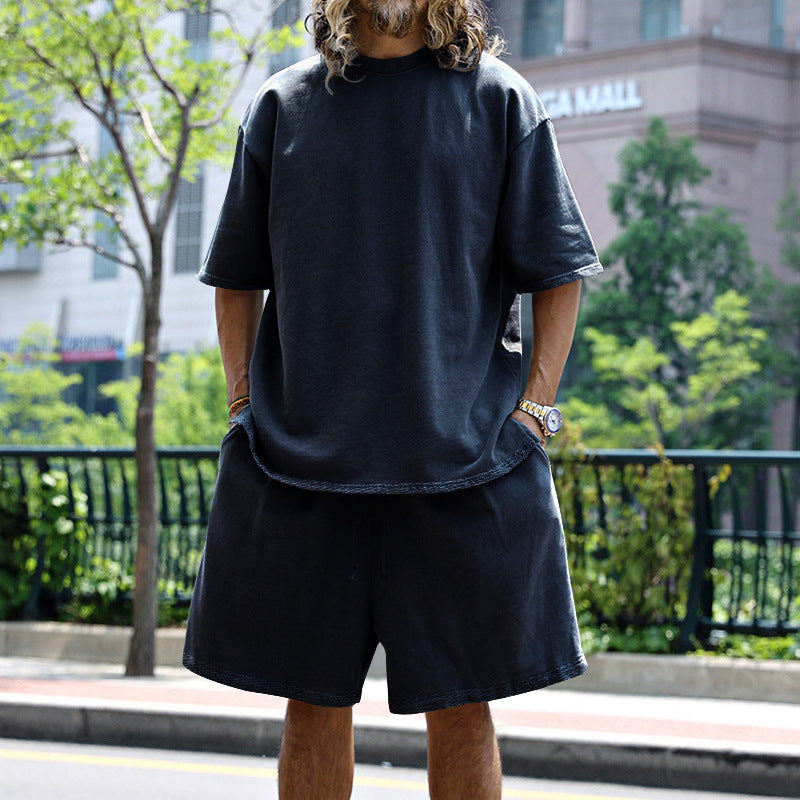 Men's casual short-sleeve shirt with loose sweat shorts made of heavy cotton jersey StylebySassy