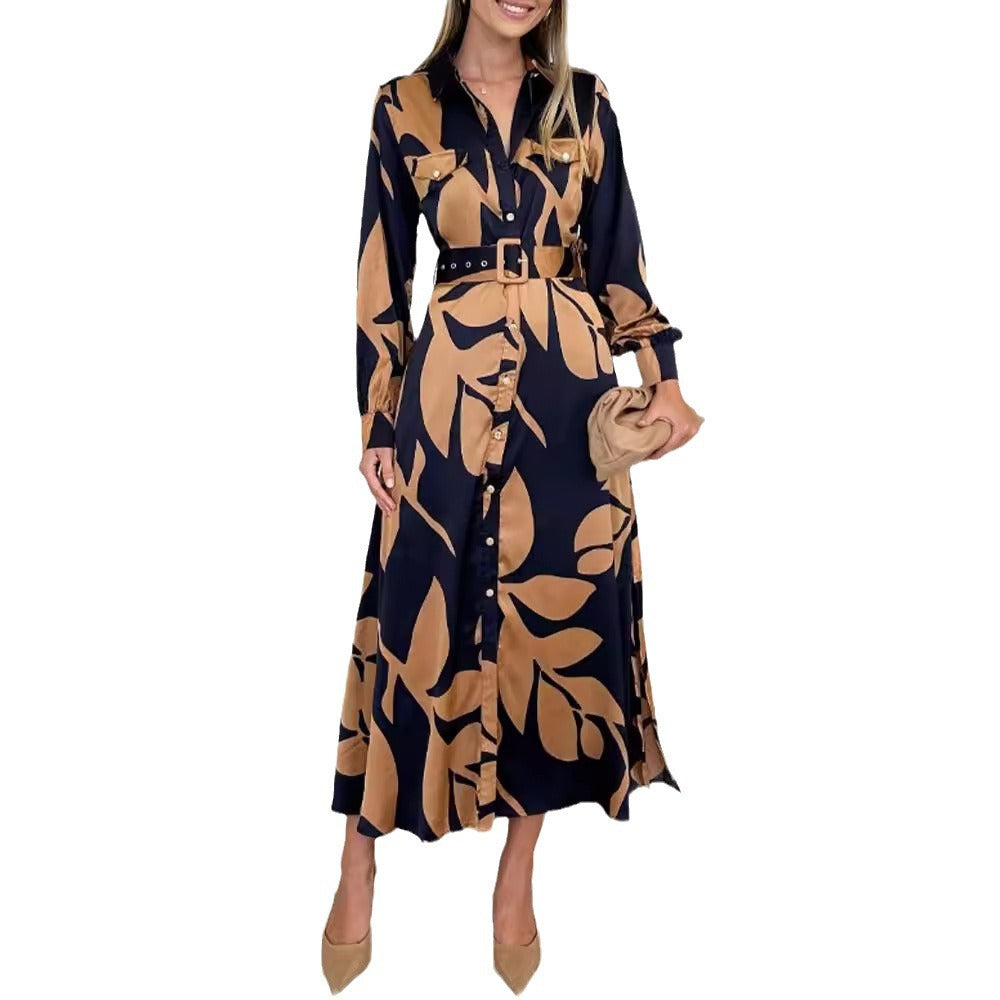 Women flowing shirt dress with waist belt, breast flaps and abstract print StylebySassy