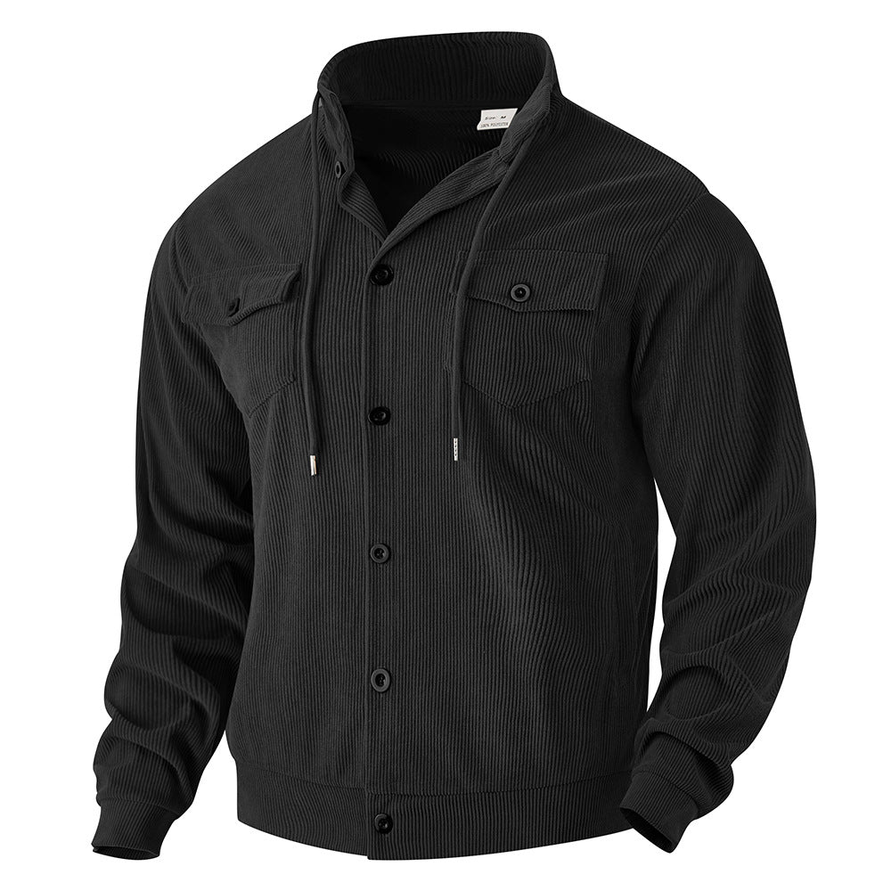Men's ribbed transitional jacket in shirt style with stand-up collar, drawstring, and flap pockets StylebySassy