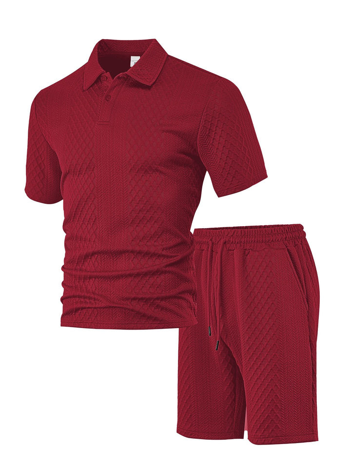 Men's embossed waffle polo with Kent collar and elastic drawstring shorts set StylebySassy