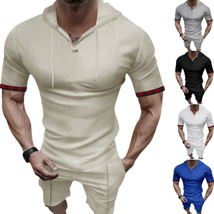 Men's summery hooded lounge set in lightweight waffle texture with short sleeve hoodie Henley opening and comfortable shorts StylebySassy