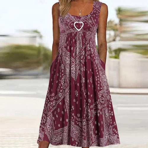 Women's Boho Midi Dress with Paisley Print, Empire Cut and Side Pockets StylebySassy