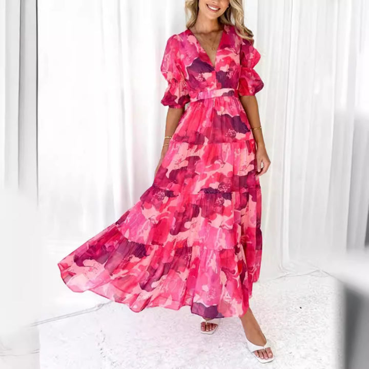 Ladies multi-layered maxi dress in ruffle tiered look with V-neck and gathered empire waist StylebySassy