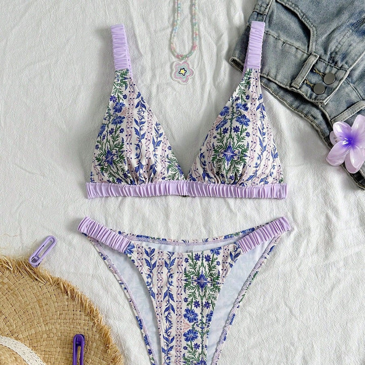 Ladies triangle bikini with floral design and ruffle details StylebySassy