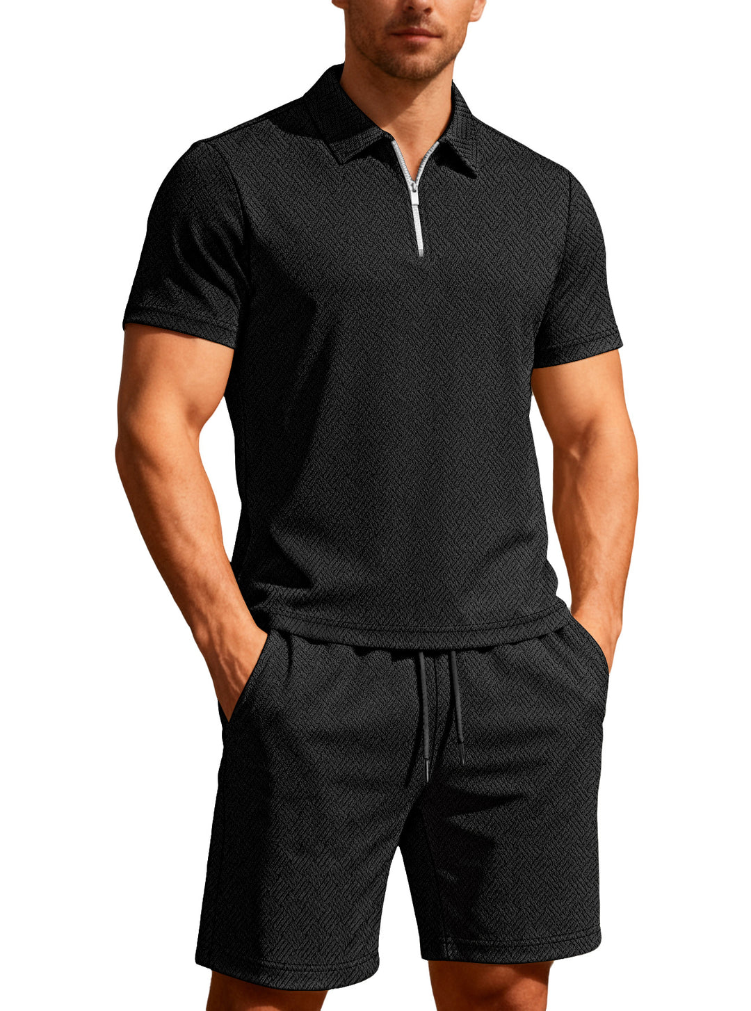 Men's comfortable lounge two-piece set made of structured cotton blend with half-zip polo shirt and drawstring shorts StylebySassy