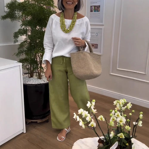 Women wide linen blend palazzo pants with drawstring and ankle-length silhouette StylebySassy