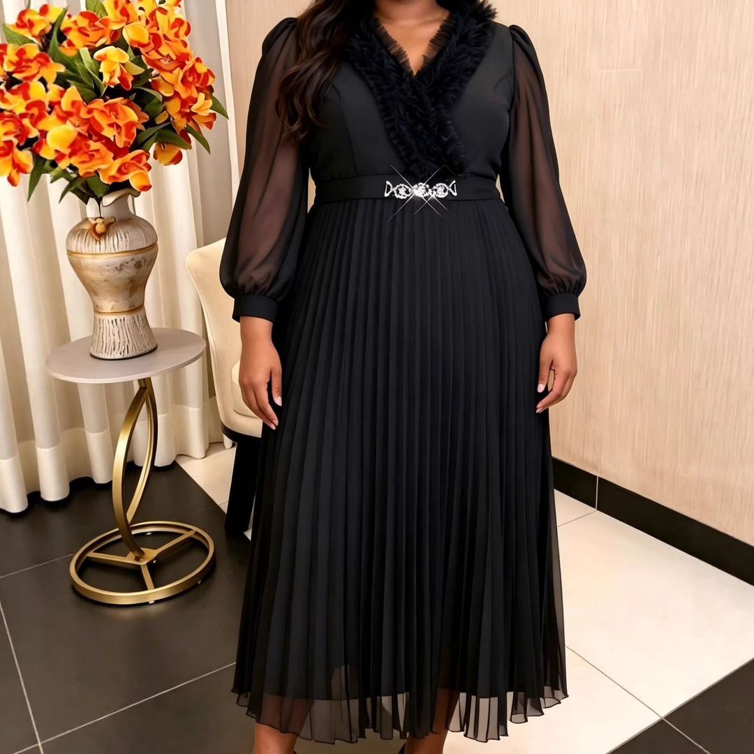 Women Elegant Pleated Midi Dress with Ruffle Details StylebySassy
