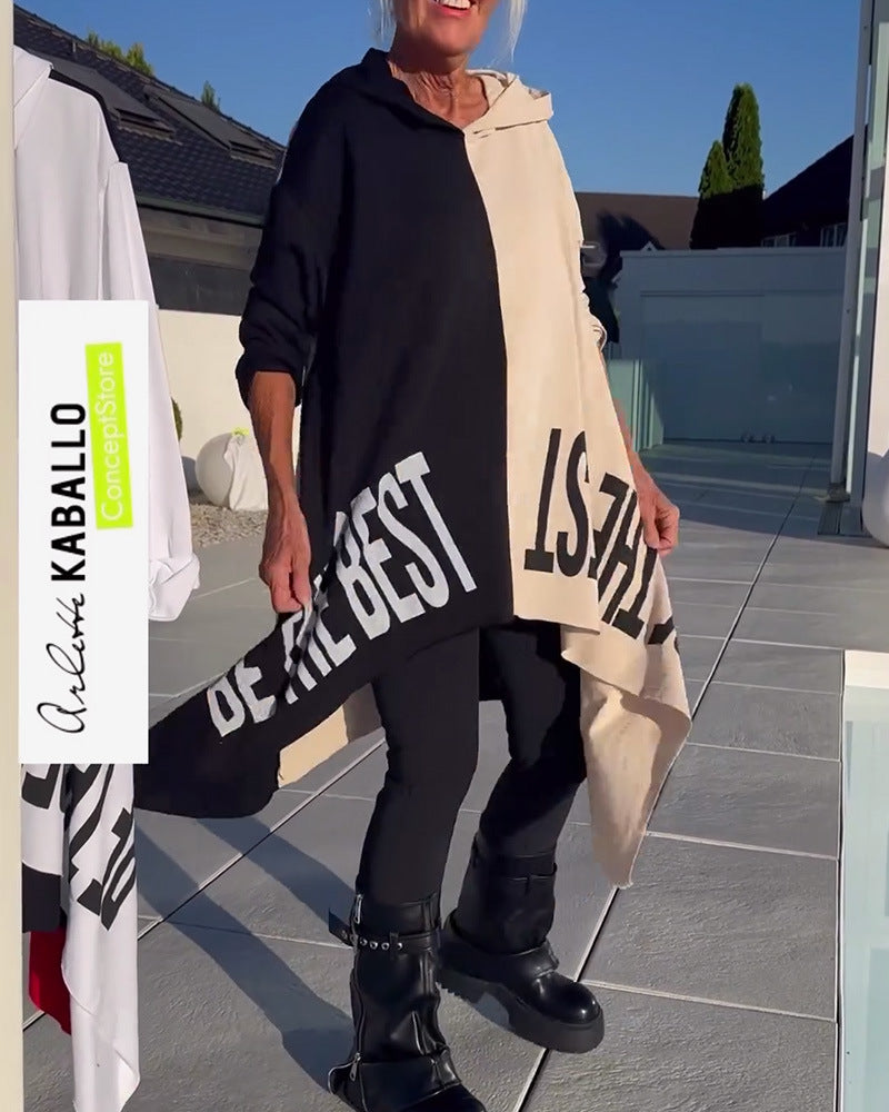 Women’s long-cut hooded poncho with asymmetric pointed hem and large statement print StylebySassy