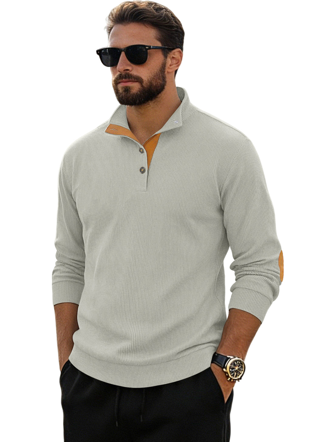 Men's fine ribbed knitted pullover with polo collar button placket and elbow patch StylebySassy