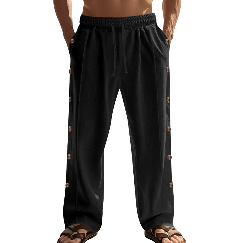 Men's relaxed linen lounge pants with side button placket, elastic waistband, and side pockets StylebySassy