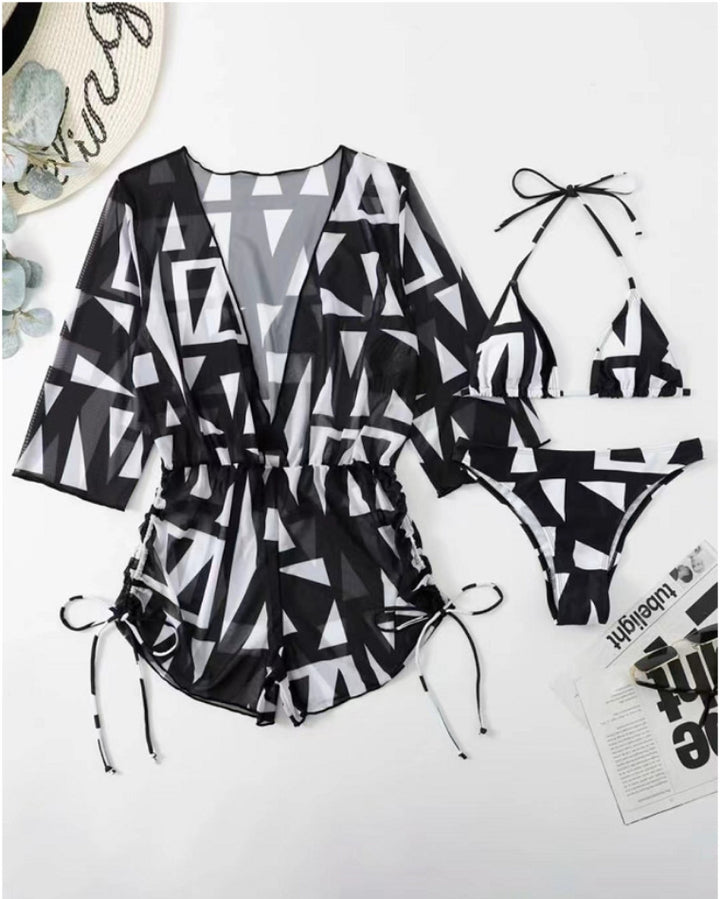 Women's bikini set with transparent cover-up and fashionable geometric pattern StylebySassy