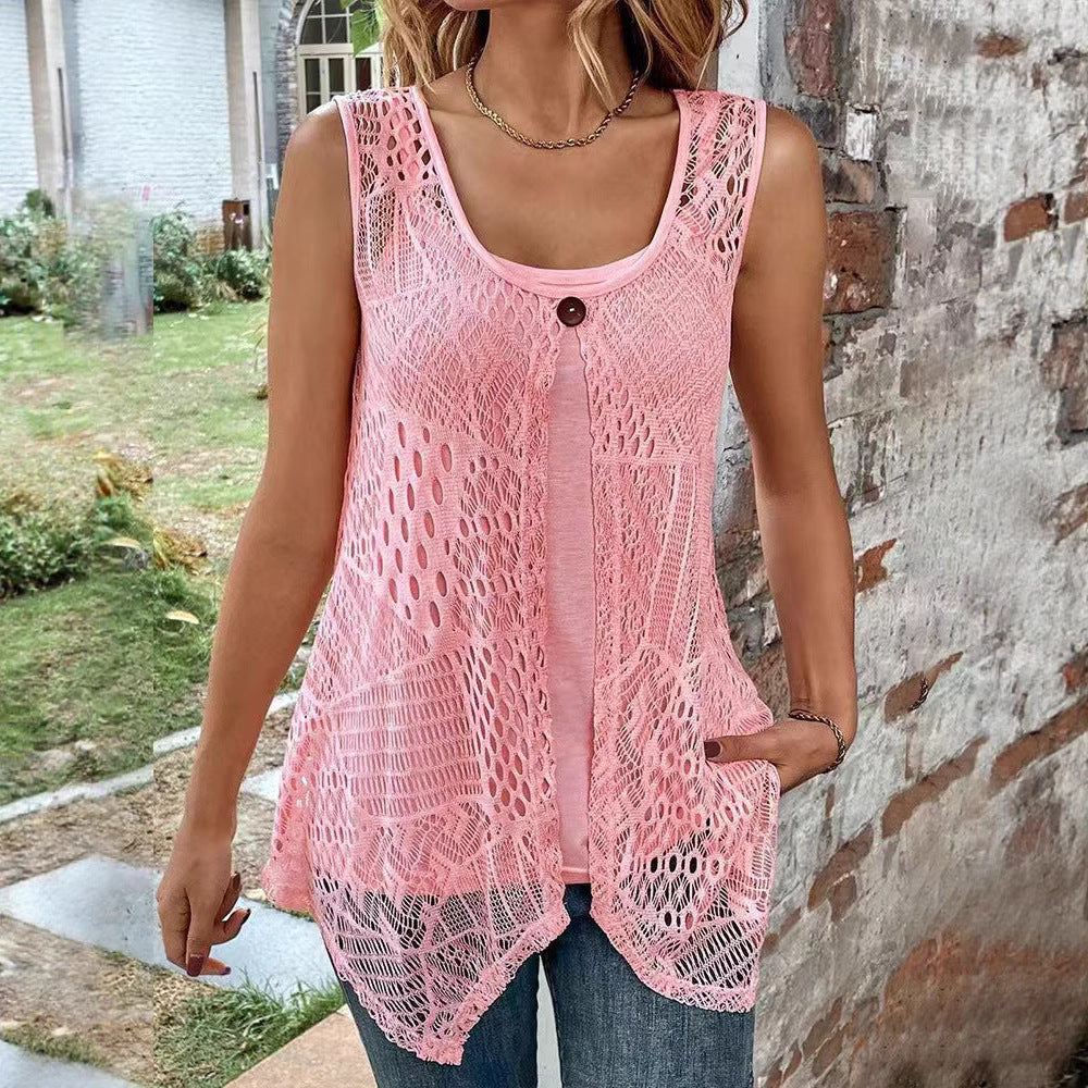 Women's crocheted A-line top with asymmetric scalloped hem and integrated jersey undershirt StylebySassy