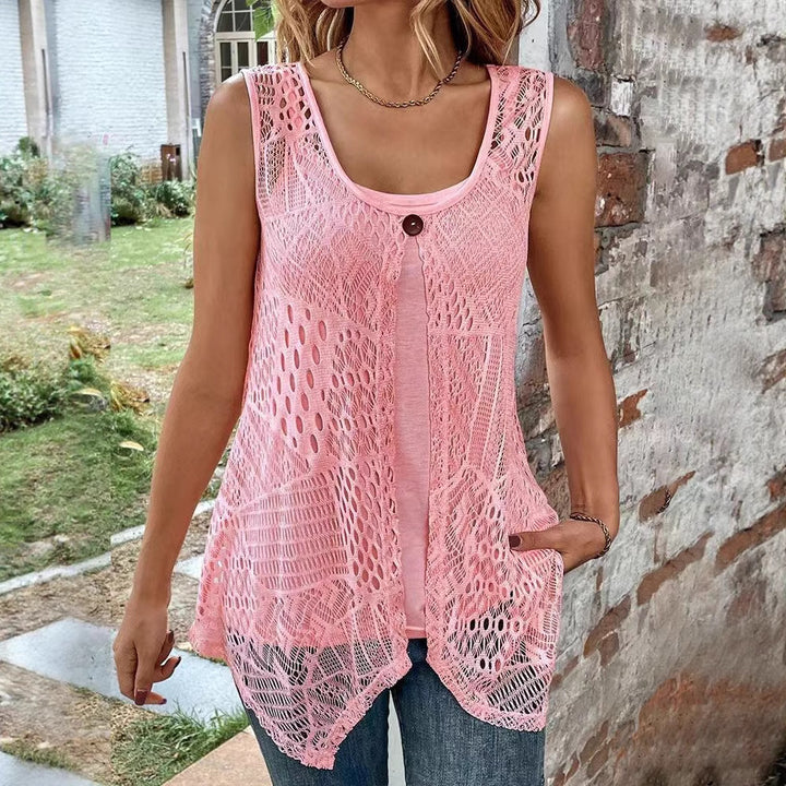 Women's crocheted A-line top with asymmetric scalloped hem and integrated jersey undershirt StylebySassy