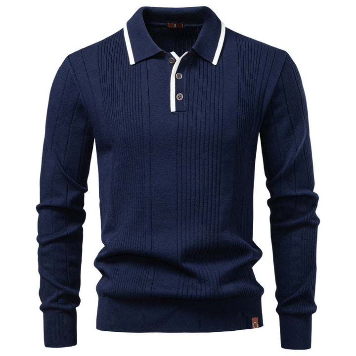 Men's long-sleeved polo sweater made of fine knit with vertical ribbed intarsias and contrast edges StylebySassy