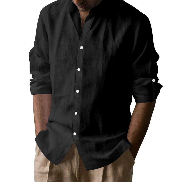 Men's casual linen shirt with Kent collar, continuous button placket, and roll-up sleeves StylebySassy