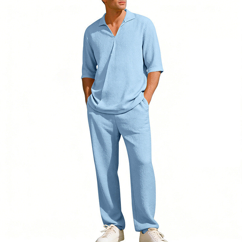 Men's crepe structure leisure set with open lapel collar and straight comfort trousers with side pockets StylebySassy
