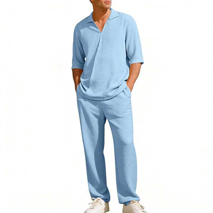 Men's crepe structure leisure set with open lapel collar and straight comfort trousers with side pockets StylebySassy
