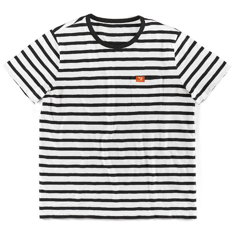 Men's striped short-sleeve T-shirt made of cotton jersey with chest pocket and contrasting round neckline StylebySassy