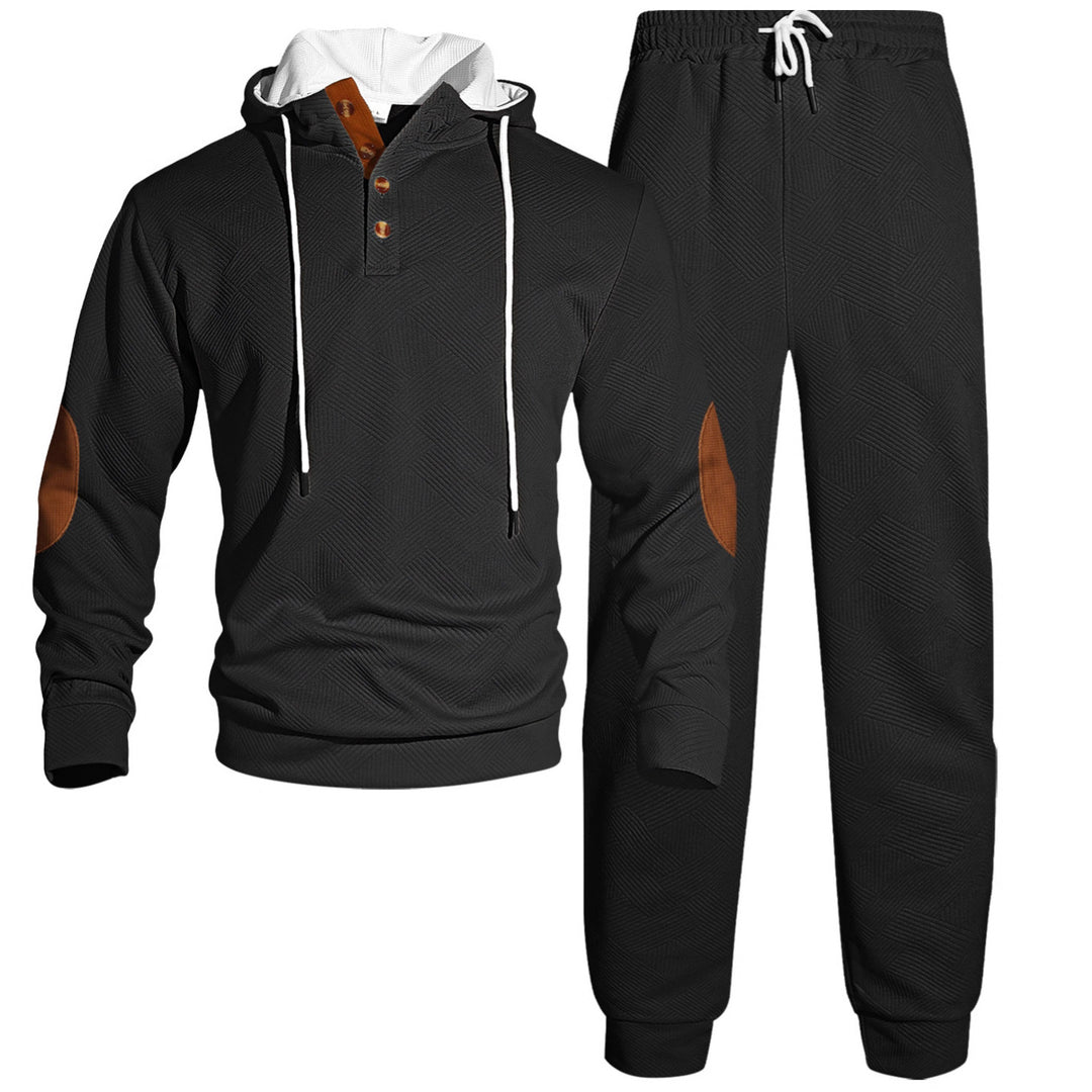 Men's waffle structure Henley hoodie set with wooden button placket elbow patches and tapered joggers StylebySassy